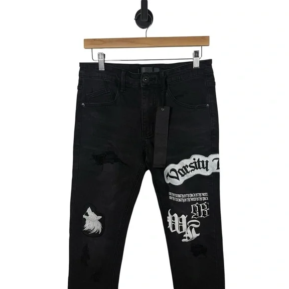 NWT KDNK Men’s Varsity Patched Grunge Jeans in Black/White Size 30